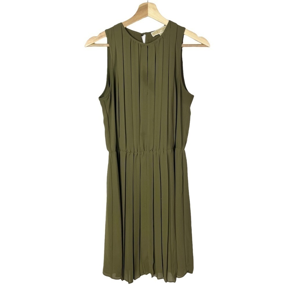 Michael Michael Kors Olive Green Pleated Knee Length Sleeveless Dress XS